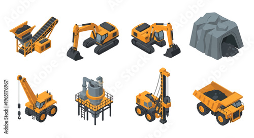 Isometric 3D view vector illustration of mining industry site with excavation machines, dump trucks and mineral processing facility in structured heavy industrial landscape