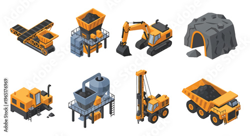 Isometric 3D view vector illustration of mining industry site with excavation machines, dump trucks and mineral processing facility in structured heavy industrial landscape
