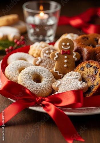 Festive Cookies Assortment with Red Ribbon Candlelight on Wooden