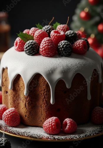 Festive Cake with Berries and Powdered Sugar with Christmas Tree