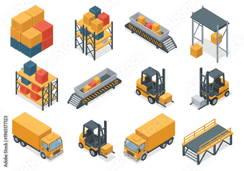 Isometric 3D mining industry set with drilling rig, dump truck and ore processing plant, heavy industrial resource extraction concept