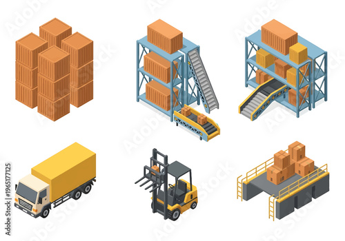 Isometric 3D mining industry set with drilling rig, dump truck and ore processing plant, heavy industrial resource extraction concept