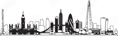 Black and white London skyline silhouette vector, featuring famous landmarks like Big Ben, The Shard, and Tower Bridge, illustrating UK travel, city tourism, and capital architecture.