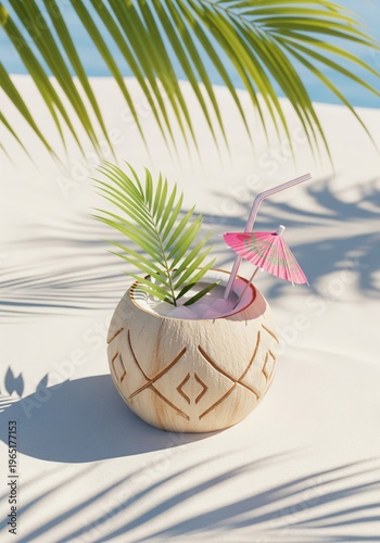 Coconut Cocktail with Palm Fronds on Bright White Sand