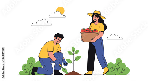 Male and female farmers working together in a garden to plant seedlings and harvest a basket full of fresh red tomatoes.