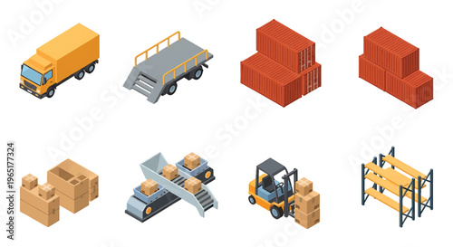 Isometric 3D mining industry set with drilling rig, dump truck and ore processing plant, heavy industrial resource extraction concept
