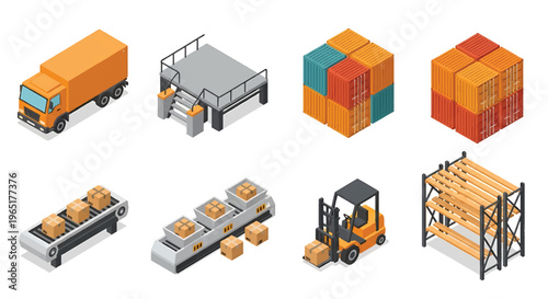 Isometric 3D mining industry set with drilling rig, dump truck and ore processing plant, heavy industrial resource extraction concept