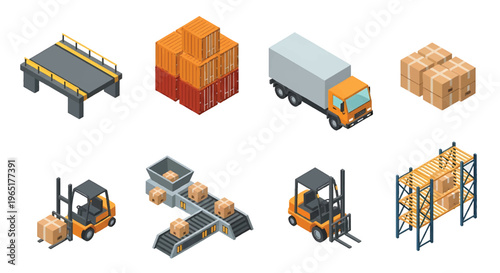 Isometric 3D mining industry set with drilling rig, dump truck and ore processing plant, heavy industrial resource extraction concept