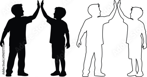 Two Children Giving High Five Silhouette Against Plain Background