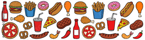 A collection of diverse hand drawn fast food items including burgers hot dogs pizza fries donuts drinks and more arranged in a playful pattern french fries steak fried chicken