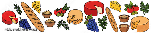 An assortment of delicious food items including crusty bread cheese wheels grapes tomatoes olives herbs and dip presented in a flat illustration style gourmet appetizer picnic