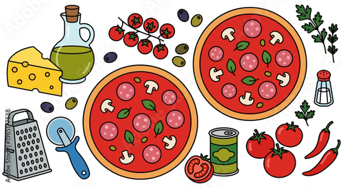 Collection of ingredients for making pizza including pizzas cheese olives tomatoes mushrooms salami oil and spices presented in a cheerful cartoon style food cooking herbs