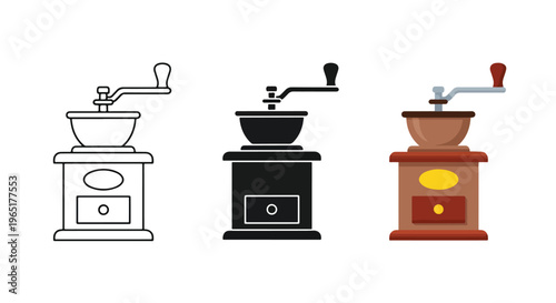 Vintage coffee grinder vector icon set - Editable line icons. Vector illustration - Glyph and solid icon set - Icon vector
