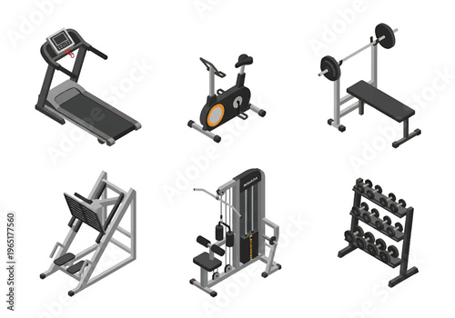 Isometric 3D fitness gym set with treadmill, weight bench and exercise bike, modern health club and wellness training concept