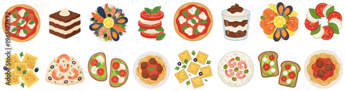 A collection of diverse Italian and seafood dishes including pizza pasta ravioli desserts and caprese salad presented in a clear and appetizing manner shrimp mussels tiramisu