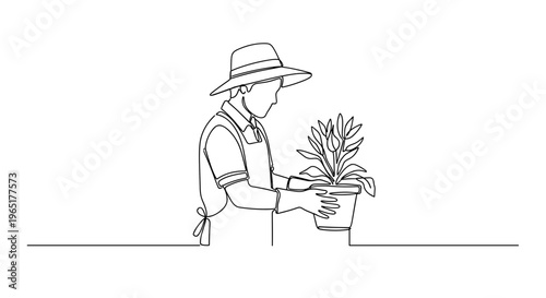 Gardener tending potted plant line art on minimal background