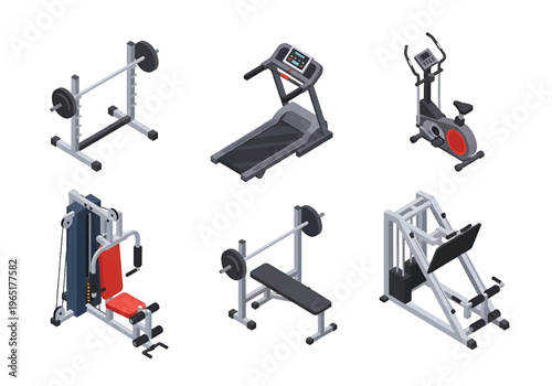 Isometric 3D fitness gym set with treadmill, weight bench and exercise bike, modern health club and wellness training concept