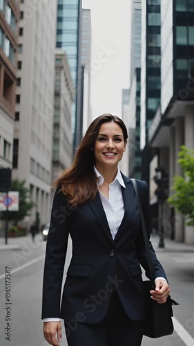 Confident businesswoman walking through modern urban cityscape, showcasing professionalism and urban lifestyle in a bustling metropolitan environment