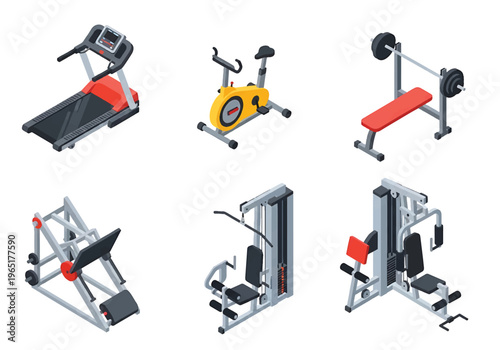 Isometric 3D fitness gym set with treadmill, weight bench and exercise bike, modern health club and wellness training concept