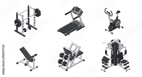 Isometric 3D fitness gym set with treadmill, weight bench and exercise bike, modern health club and wellness training concept