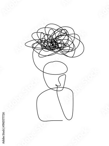 Single line art of a scribble cloud above head in  overthinking and mental health concept, editable stroke.