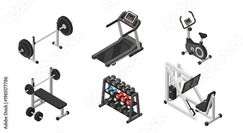 Isometric 3D fitness gym set with treadmill, weight bench and exercise bike, modern health club and wellness training concept