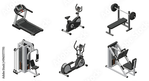 Isometric 3D fitness gym set with treadmill, weight bench and exercise bike, modern health club and wellness training concept
