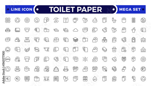 Toilet Paper Tissue Icon Set with Hygiene, Bathroom, Soft Cotton, Biodegradable Wipe, Napkin, and Sanitary Outline icon for Clean, Fresh, and Modern Personal Care Illustration Design.