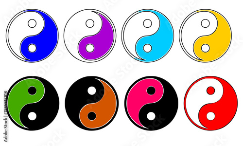 Colorful Yin Yang Symbol Icon Set in Multiple Colors Representing Balance, Harmony, Duality, and Eastern Philosophy for Spiritual, Wellness, and Meditation Design Concepts