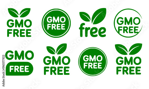 GMO Free Green Label Badge Icon Set With Leaf Design for Organic Food Packaging, Natural Product Certification, Healthy Eating, and Non-GMO Verified Branding