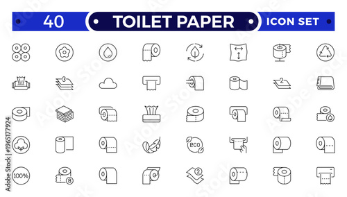 Toilet Paper Tissue Icon Set with Hygiene, Bathroom, Soft Cotton, Biodegradable Wipe, Napkin, and Sanitary Outline icon for Clean, Fresh, and Modern Personal Care Illustration Design.