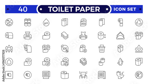 Toilet Paper Tissue Icon Set with Hygiene, Bathroom, Soft Cotton, Biodegradable Wipe, Napkin, and Sanitary Outline icon for Clean, Fresh, and Modern Personal Care Illustration Design.