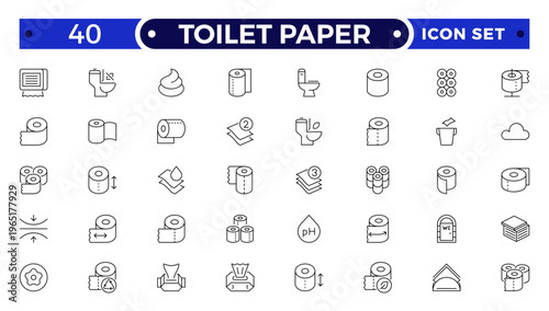 Toilet Paper Tissue Icon Set with Hygiene, Bathroom, Soft Cotton, Biodegradable Wipe, Napkin, and Sanitary Outline icon for Clean, Fresh, and Modern Personal Care Illustration Design.