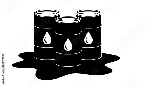  Three Black Oil Barrels With Leaking Spill Silhouette Icon Representing Petroleum Contamination, Environmental Pollution, Crude Oil Hazard, and Fossil Fuel Disaster Concept