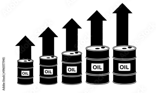  Oil Barrels With Rising Arrows Illustrating Increasing Petroleum Prices, Crude Oil Market Growth, Fuel Cost Surge, and Global Energy Industry Expansion in Black and White