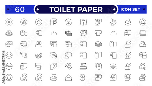 Toilet Paper Tissue Icon Set with Hygiene, Bathroom, Soft Cotton, Biodegradable Wipe, Napkin, and Sanitary Outline icon for Clean, Fresh, and Modern Personal Care Illustration Design.