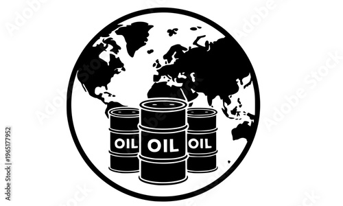 Oil Barrels With World Globe Glyph Icon Representing Global Petroleum Trade, International Energy Market, Worldwide Crude Oil Supply, Fossil Fuel Geopolitics, and OPEC Industry Concept 