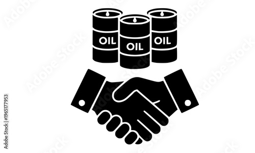 Handshake With Oil Barrels Glyph Icon Representing Petroleum Trade Deal, Energy Sector Partnership, Crude Oil Business Agreement, Fossil Fuel Commerce, and OPEC Contract Concept in Black Silhouette 