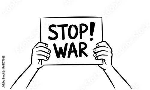 Hands Holding Stop War Protest Sign Sketch Icon Representing Anti-War Activism, Peace Movement, Social Justice, Human Rights Advocacy, and Global Conflict Awareness in Bold Outline Style