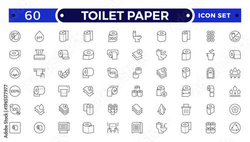 Toilet Paper Tissue Icon Set with Hygiene, Bathroom, Soft Cotton, Biodegradable Wipe, Napkin, and Sanitary Outline icon for Clean, Fresh, and Modern Personal Care Illustration Design.