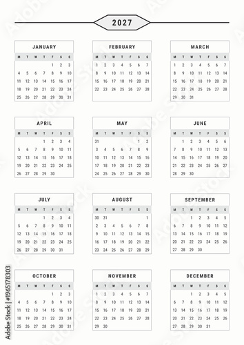 Editable 2027 Yearly Calendar – Black and White Design