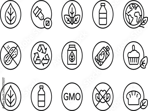 Eco friendly and food label icon set, vector black line art symbols including organic, recycle, nut free, non GMO, and vegan, isolated on white background