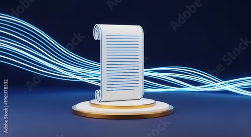 Glowing blue digital scroll on a pedestal with light trails