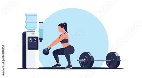 Strong woman wearing athletic gear performs squats while holding a kettlebell in a modern gym with weights and water cooler.