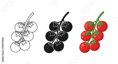 Fresh red cherry tomatoes on green vine - Minimalist, flat icon, outline, glyph, linear, clipart, sticker - icon set