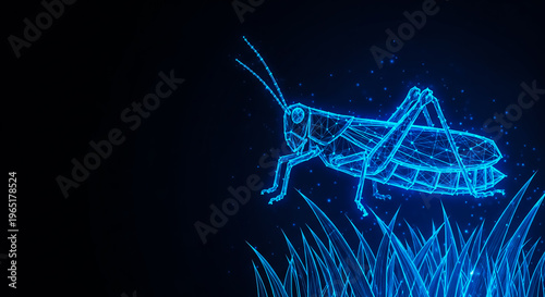 A digitally rendered glowing blue grasshopper perched on vibrant neon grass against a dark, starry background.