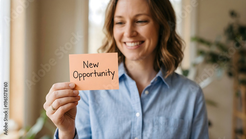 Woman holding a new opportunity card with a happy smile