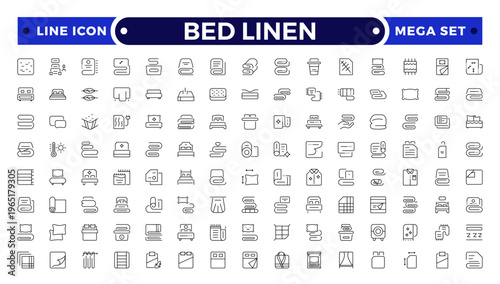 Bed Linen outline Icon Set with Blanket, Pillow, Sheet, Towel, and Duvet Symbols. Soft Cotton Textile Outline Icons for Hotel, Bedroom, Bathroom, and Home Comfort Design, Modern Vector Illustration