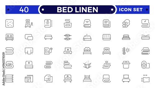 Bed Linen outline Icon Set with Blanket, Pillow, Sheet, Towel, and Duvet Symbols. Soft Cotton Textile Outline Icons for Hotel, Bedroom, Bathroom, and Home Comfort Design, Modern Vector Illustration