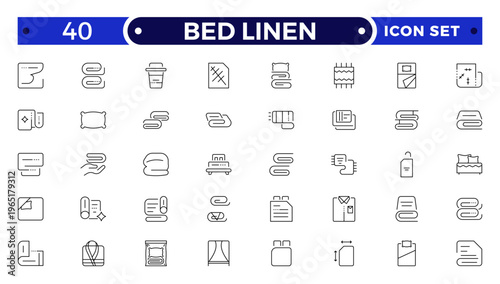 Bed Linen outline Icon Set with Blanket, Pillow, Sheet, Towel, and Duvet Symbols. Soft Cotton Textile Outline Icons for Hotel, Bedroom, Bathroom, and Home Comfort Design, Modern Vector Illustration